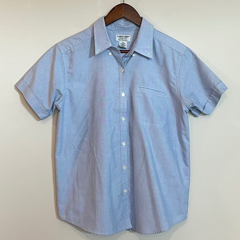 Cabin Creek Womens 10P Blue Short Sleeve Oxford Button Down Shirt Wrinkle Free
